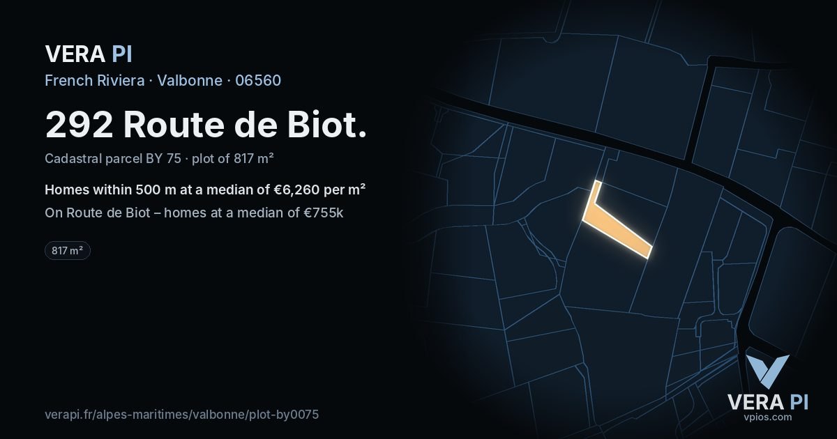 292 Route de Biot, Valbonne at night – the plot lit, the parcels around coloured by the prices near them