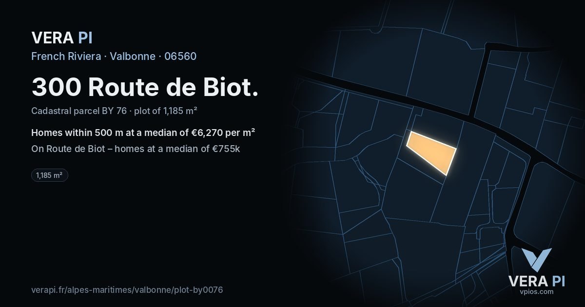 300 Route de Biot, Valbonne at night – the plot lit, the parcels around coloured by the prices near them