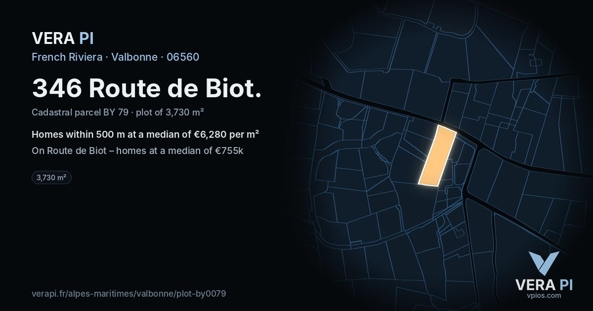 346 Route de Biot, Valbonne at night – the plot lit, the parcels around coloured by the prices near them