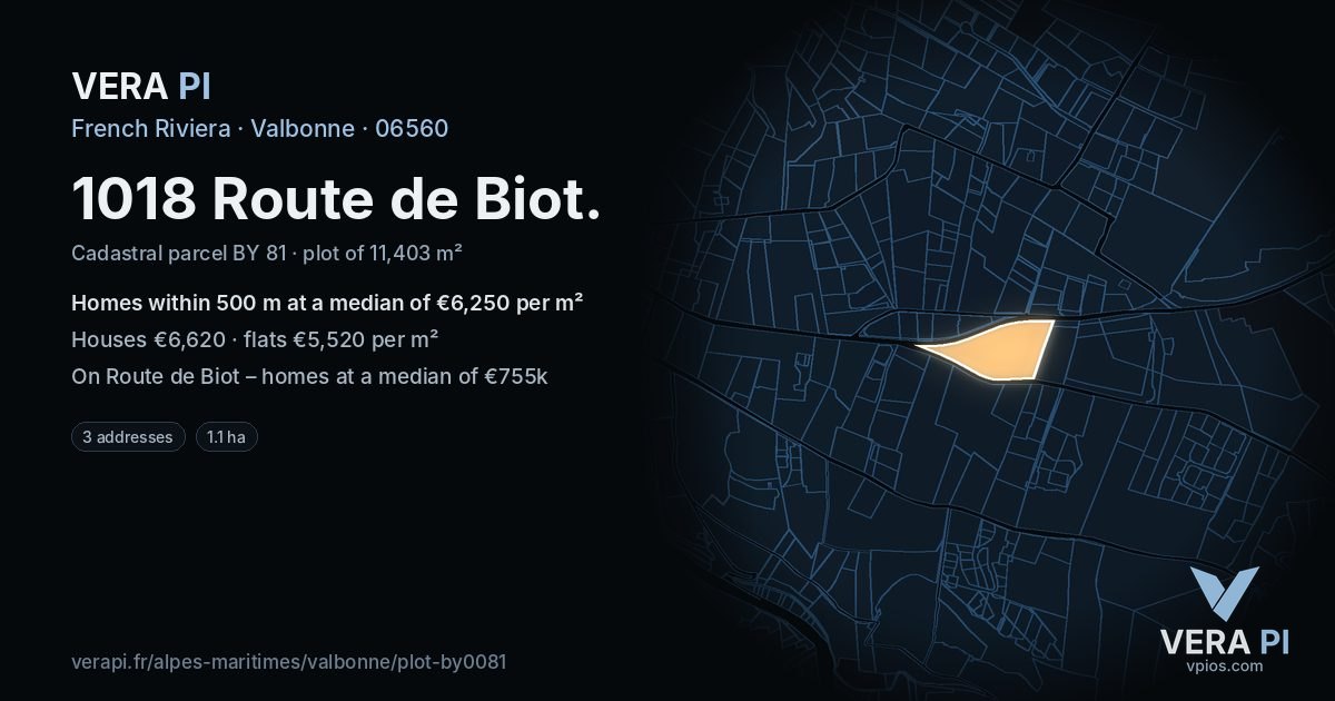 1018 Route de Biot, Valbonne at night – the plot lit, the parcels around coloured by the prices near them