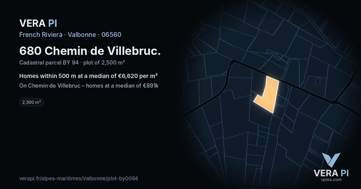 680 Chemin de Villebruc, Valbonne at night – the plot lit, the parcels around coloured by the prices near them