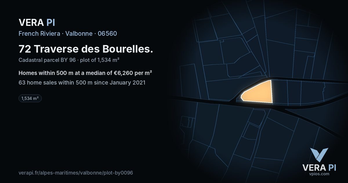72 Traverse des Bourelles, Valbonne at night – the plot lit, the parcels around coloured by the prices near them