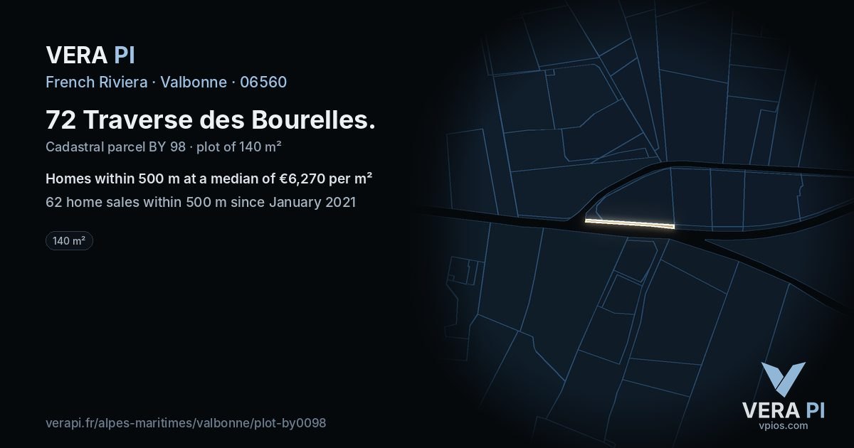72 Traverse des Bourelles, Valbonne at night – the plot lit, the parcels around coloured by the prices near them