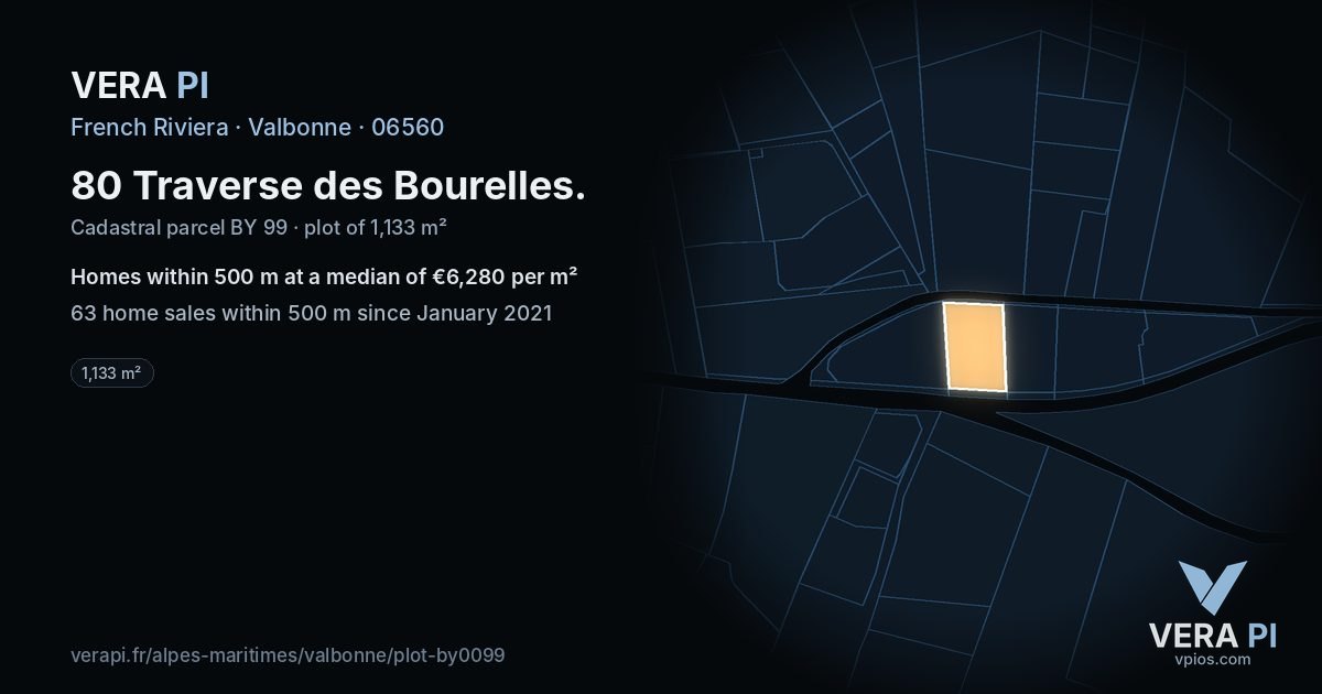 80 Traverse des Bourelles, Valbonne at night – the plot lit, the parcels around coloured by the prices near them