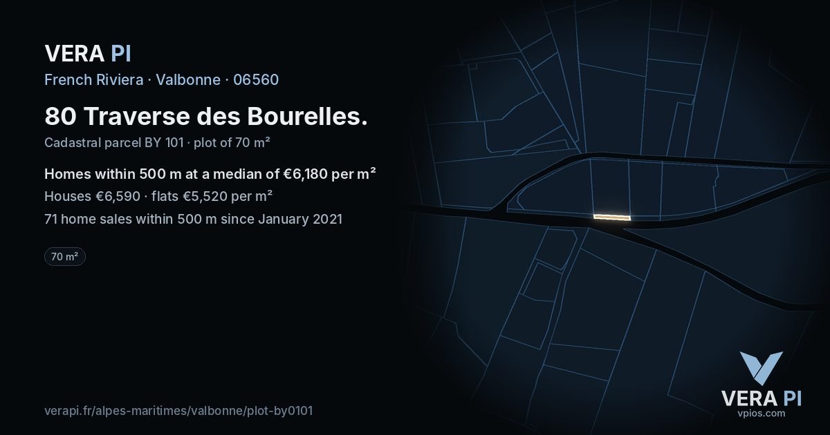 80 Traverse des Bourelles, Valbonne at night – the plot lit, the parcels around coloured by the prices near them
