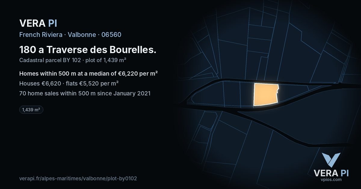 180 a Traverse des Bourelles, Valbonne at night – the plot lit, the parcels around coloured by the prices near them