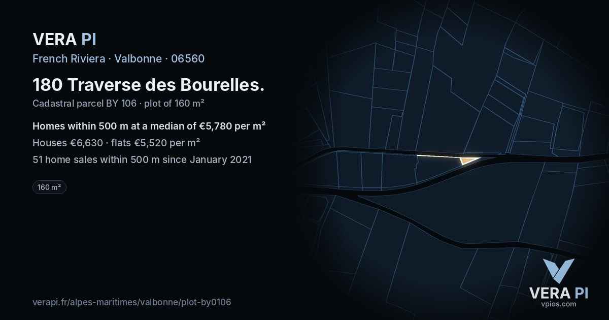 180 Traverse des Bourelles, Valbonne at night – the plot lit, the parcels around coloured by the prices near them