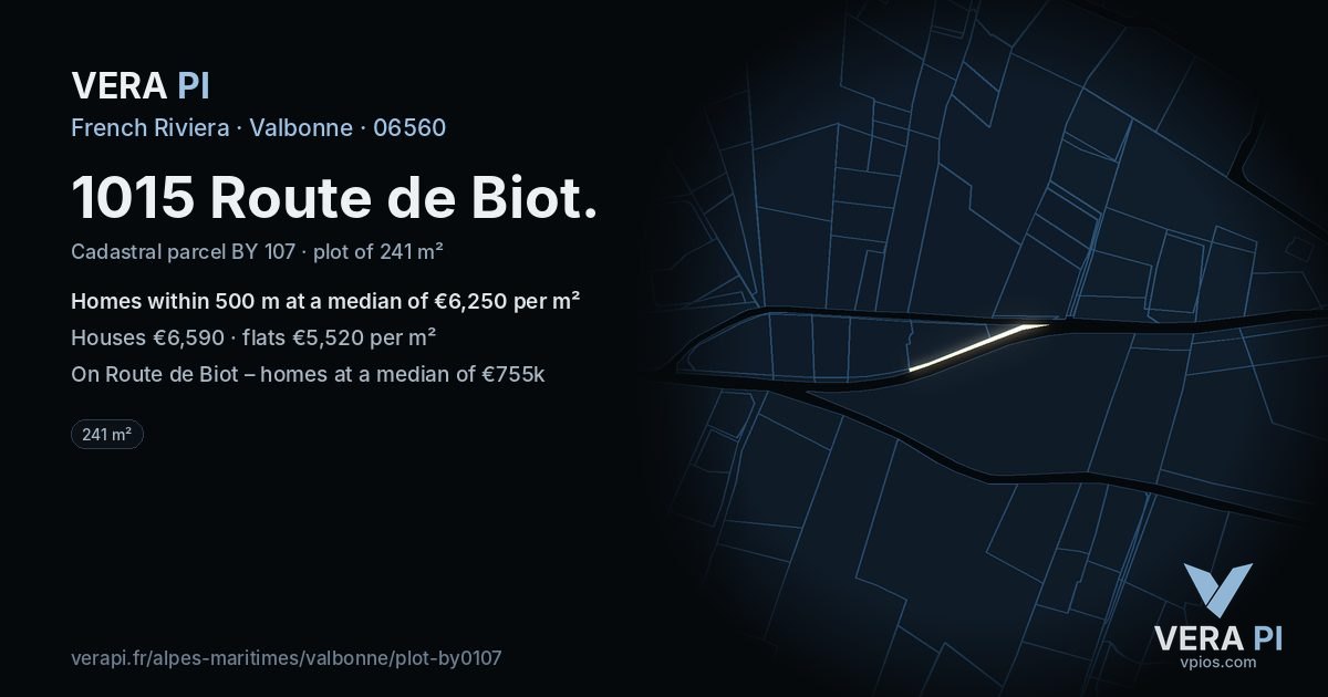 1015 Route de Biot, Valbonne at night – the plot lit, the parcels around coloured by the prices near them