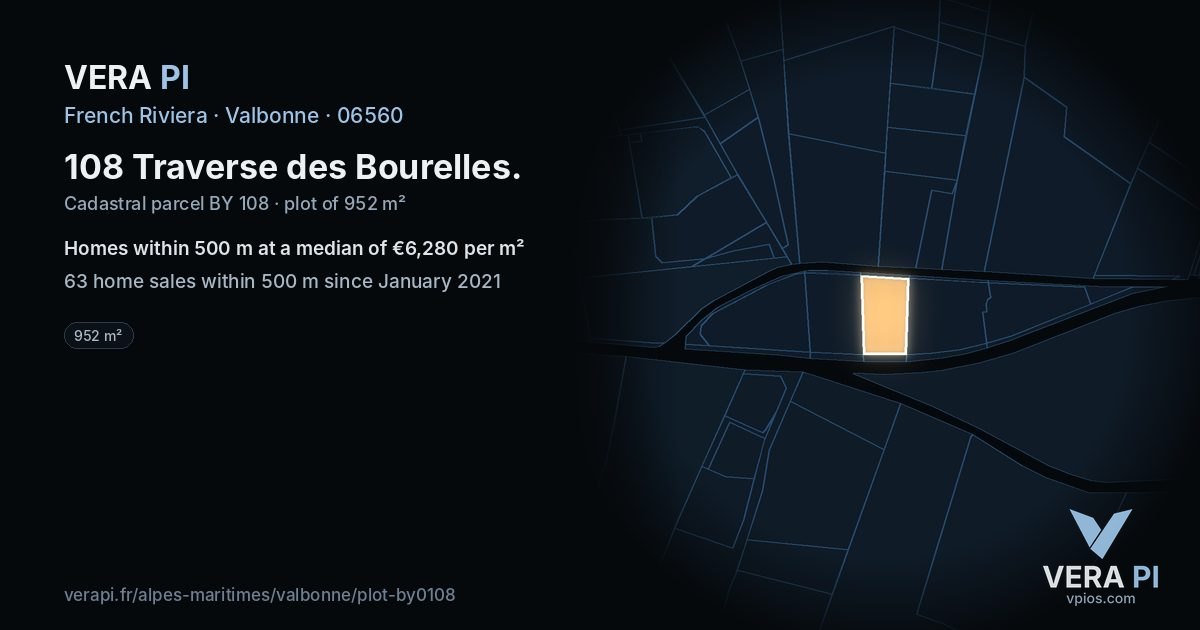 108 Traverse des Bourelles, Valbonne at night – the plot lit, the parcels around coloured by the prices near them