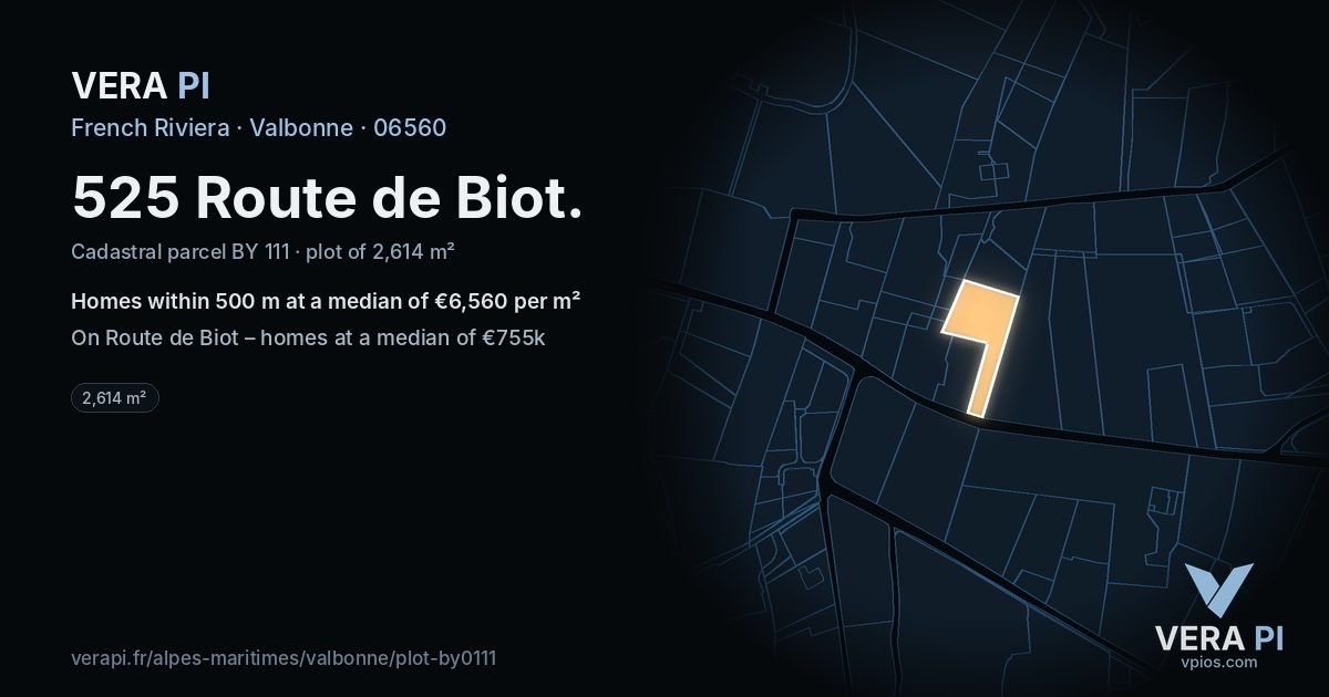 525 Route de Biot, Valbonne at night – the plot lit, the parcels around coloured by the prices near them