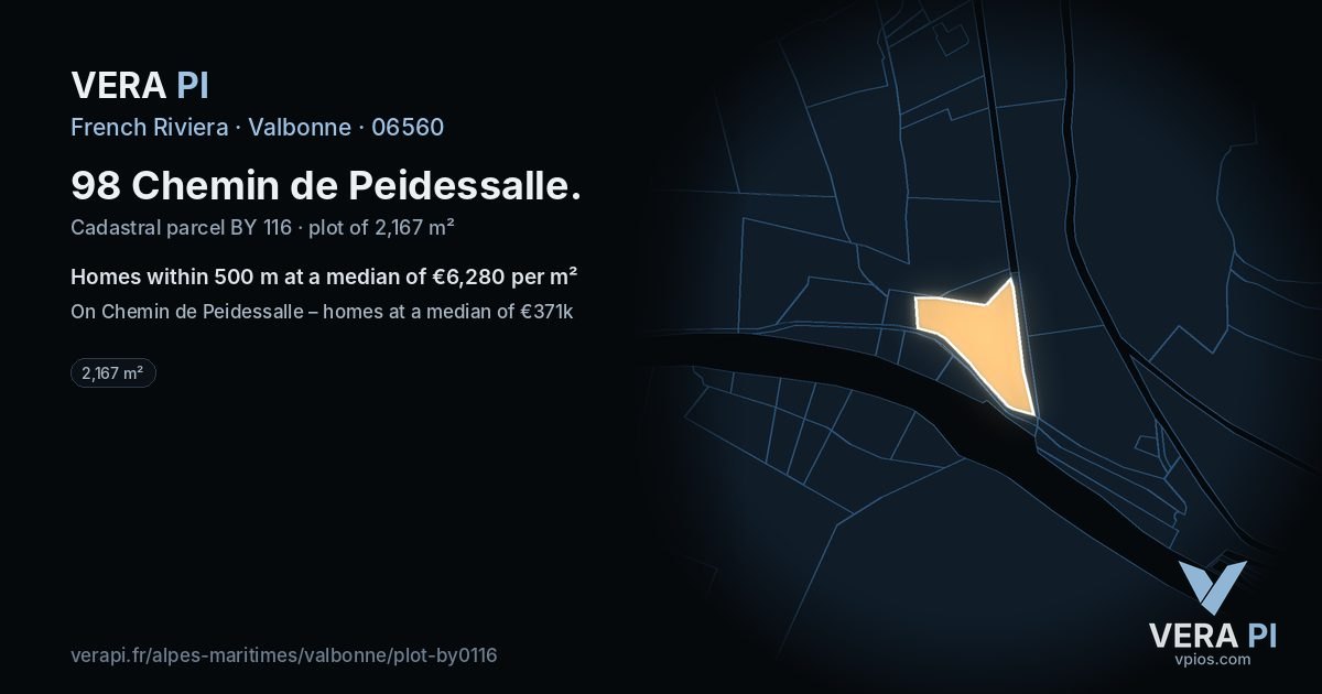 98 Chemin de Peidessalle, Valbonne at night – the plot lit, the parcels around coloured by the prices near them