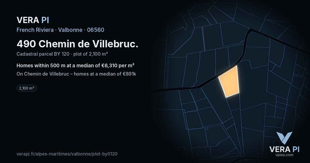 490 Chemin de Villebruc, Valbonne at night – the plot lit, the parcels around coloured by the prices near them