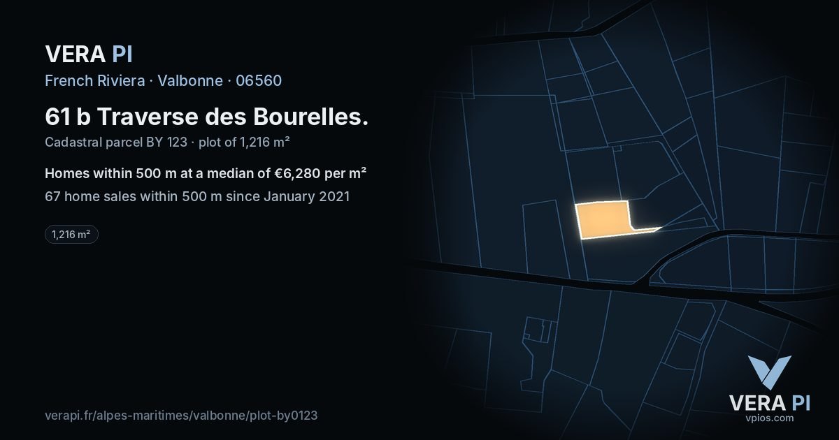 61 b Traverse des Bourelles, Valbonne at night – the plot lit, the parcels around coloured by the prices near them