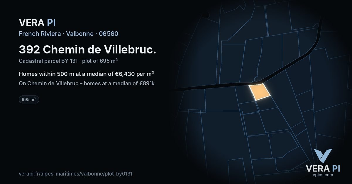 392 Chemin de Villebruc, Valbonne at night – the plot lit, the parcels around coloured by the prices near them