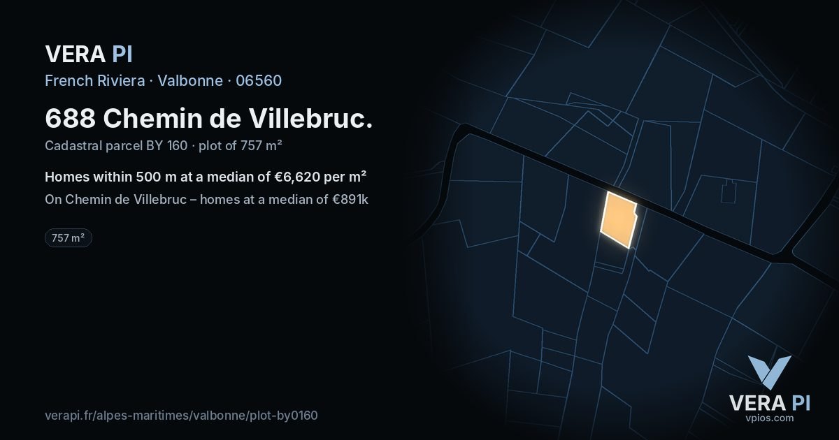 688 Chemin de Villebruc, Valbonne at night – the plot lit, the parcels around coloured by the prices near them