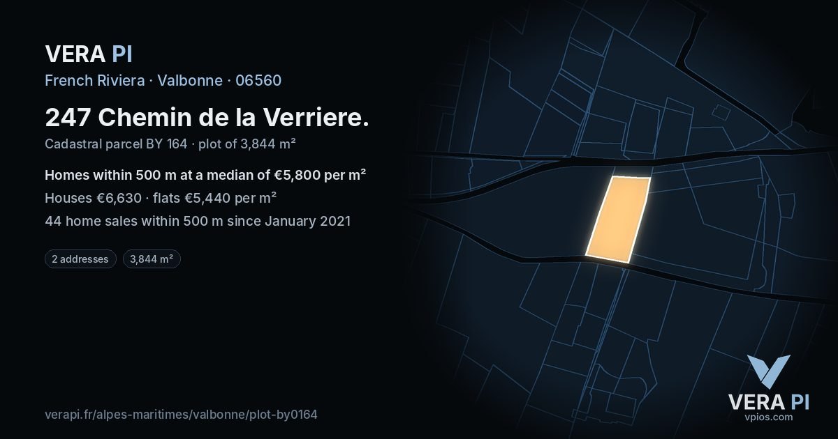 247 Chemin de la Verriere, Valbonne at night – the plot lit, the parcels around coloured by the prices near them