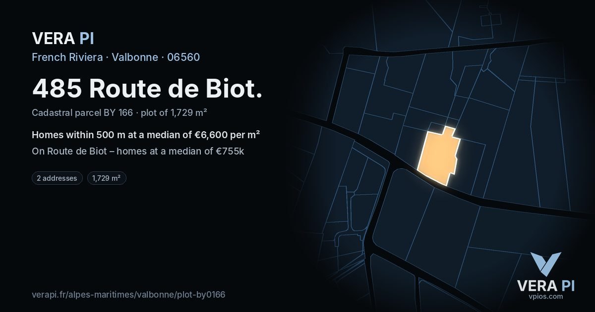 485 Route de Biot, Valbonne at night – the plot lit, the parcels around coloured by the prices near them