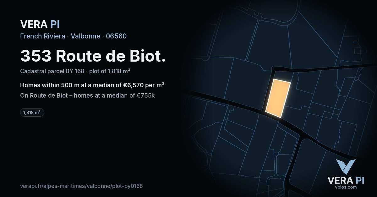 353 Route de Biot, Valbonne at night – the plot lit, the parcels around coloured by the prices near them