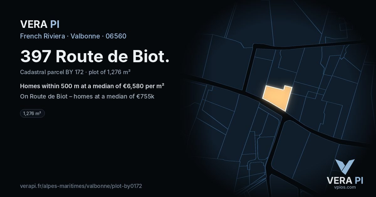 397 Route de Biot, Valbonne at night – the plot lit, the parcels around coloured by the prices near them