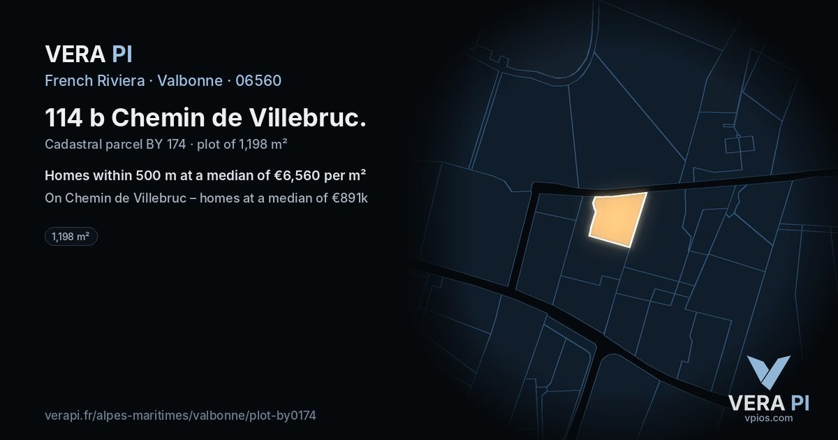 114 b Chemin de Villebruc, Valbonne at night – the plot lit, the parcels around coloured by the prices near them