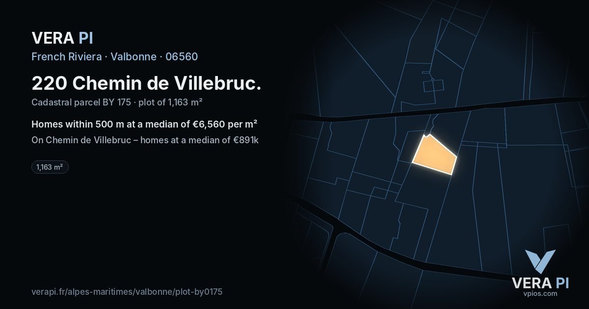 220 Chemin de Villebruc, Valbonne at night – the plot lit, the parcels around coloured by the prices near them