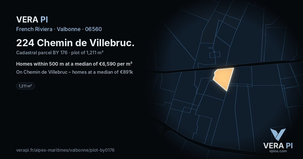 224 Chemin de Villebruc, Valbonne at night – the plot lit, the parcels around coloured by the prices near them