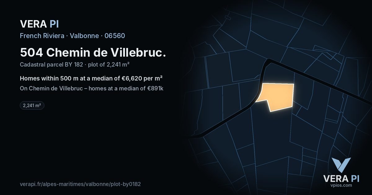 504 Chemin de Villebruc, Valbonne at night – the plot lit, the parcels around coloured by the prices near them