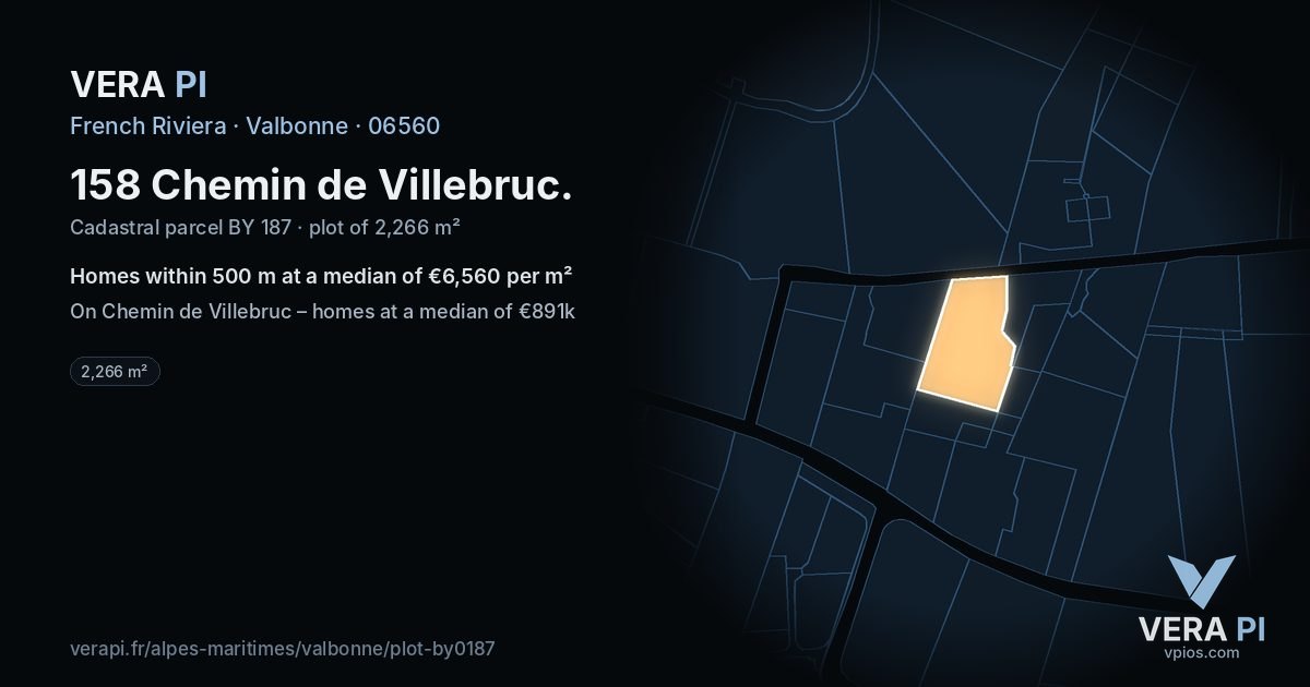 158 Chemin de Villebruc, Valbonne at night – the plot lit, the parcels around coloured by the prices near them