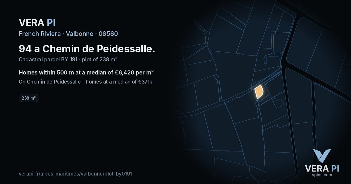 94 a Chemin de Peidessalle, Valbonne at night – the plot lit, the parcels around coloured by the prices near them