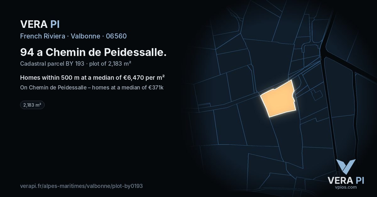94 a Chemin de Peidessalle, Valbonne at night – the plot lit, the parcels around coloured by the prices near them
