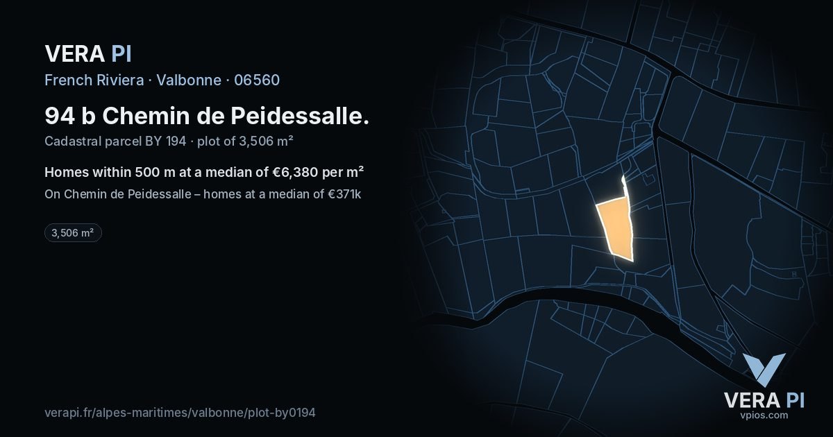 94 b Chemin de Peidessalle, Valbonne at night – the plot lit, the parcels around coloured by the prices near them