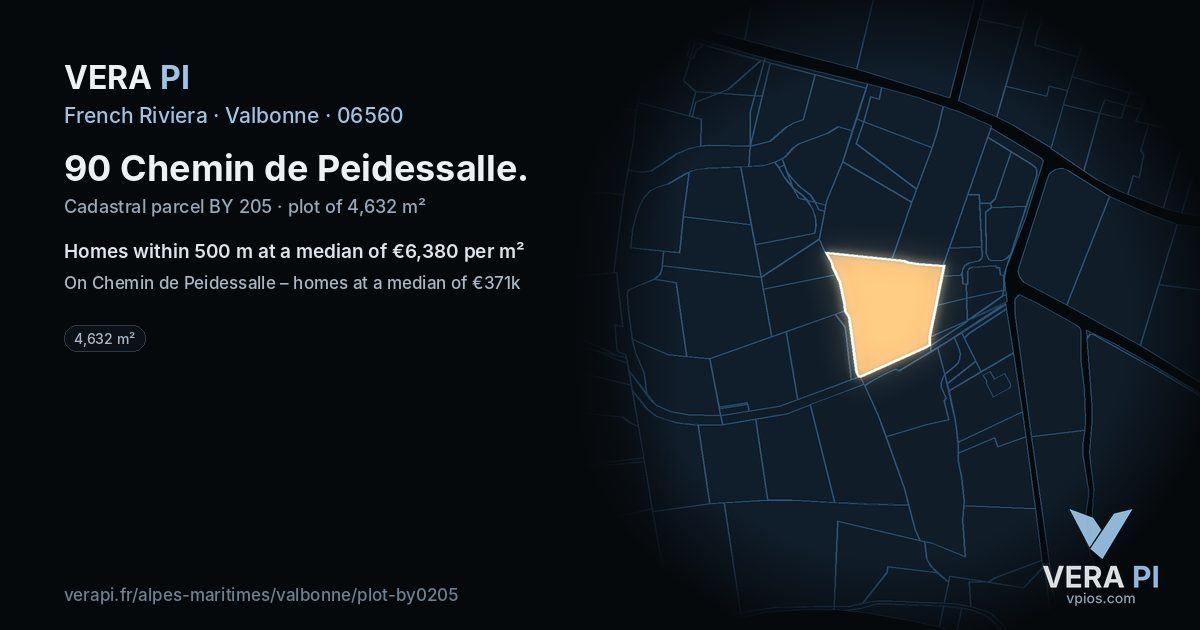 90 Chemin de Peidessalle, Valbonne at night – the plot lit, the parcels around coloured by the prices near them