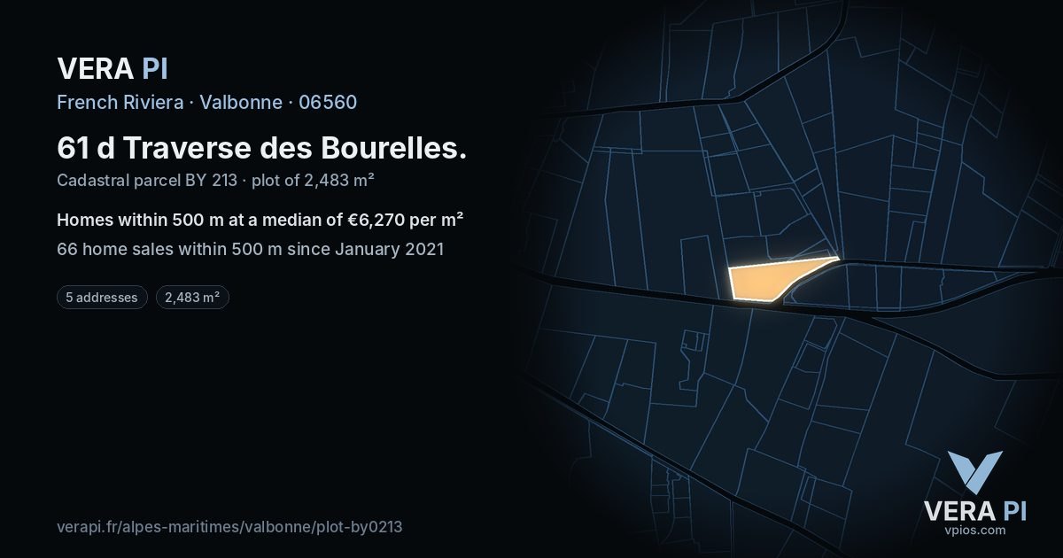 61 d Traverse des Bourelles, Valbonne at night – the plot lit, the parcels around coloured by the prices near them