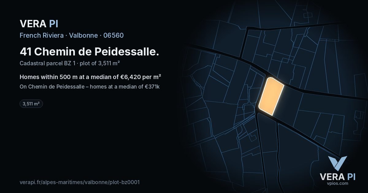 41 Chemin de Peidessalle, Valbonne at night – the plot lit, the parcels around coloured by the prices near them