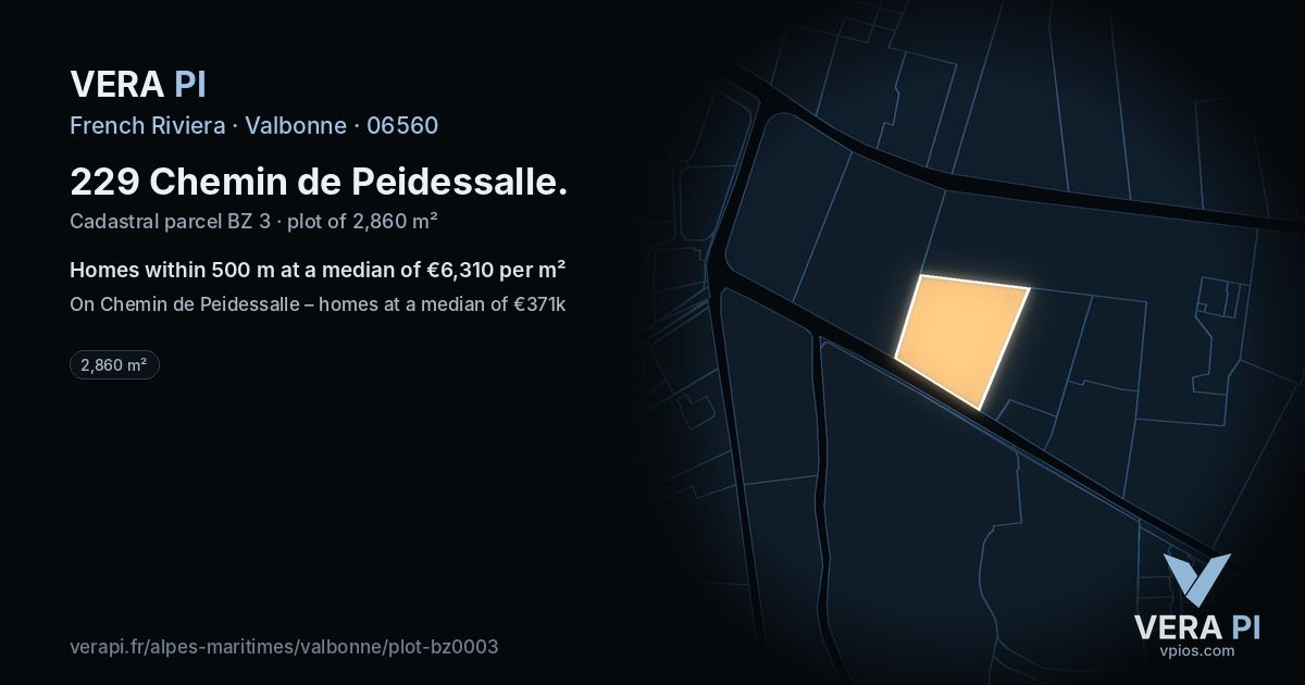 229 Chemin de Peidessalle, Valbonne at night – the plot lit, the parcels around coloured by the prices near them