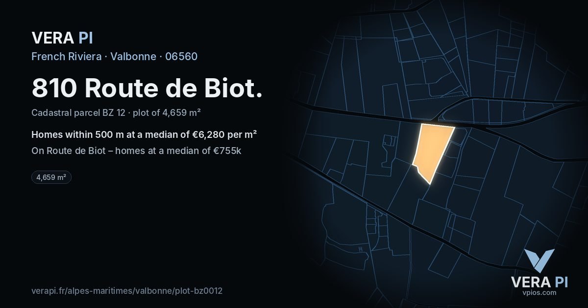 810 Route de Biot, Valbonne at night – the plot lit, the parcels around coloured by the prices near them