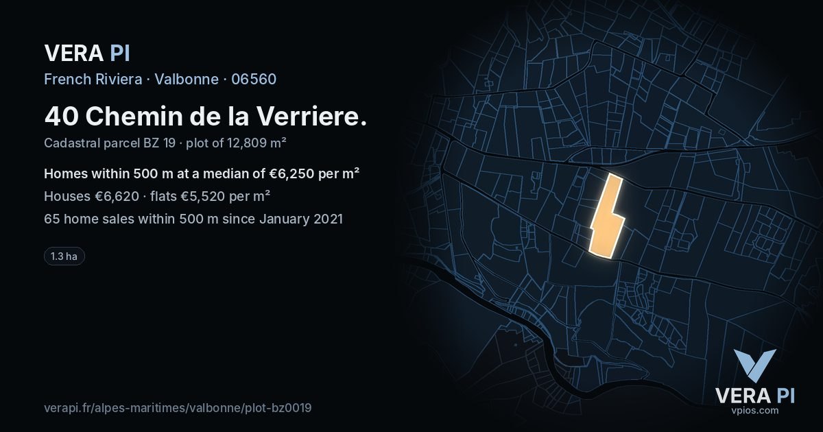 40 Chemin de la Verriere, Valbonne at night – the plot lit, the parcels around coloured by the prices near them