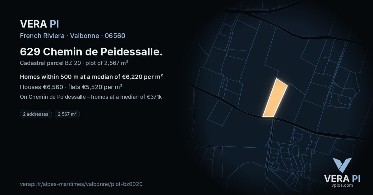 629 Chemin de Peidessalle, Valbonne at night – the plot lit, the parcels around coloured by the prices near them
