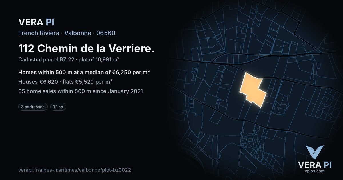 112 Chemin de la Verriere, Valbonne at night – the plot lit, the parcels around coloured by the prices near them
