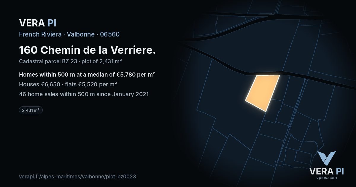 160 Chemin de la Verriere, Valbonne at night – the plot lit, the parcels around coloured by the prices near them