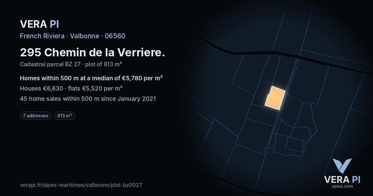 295 Chemin de la Verriere, Valbonne at night – the plot lit, the parcels around coloured by the prices near them
