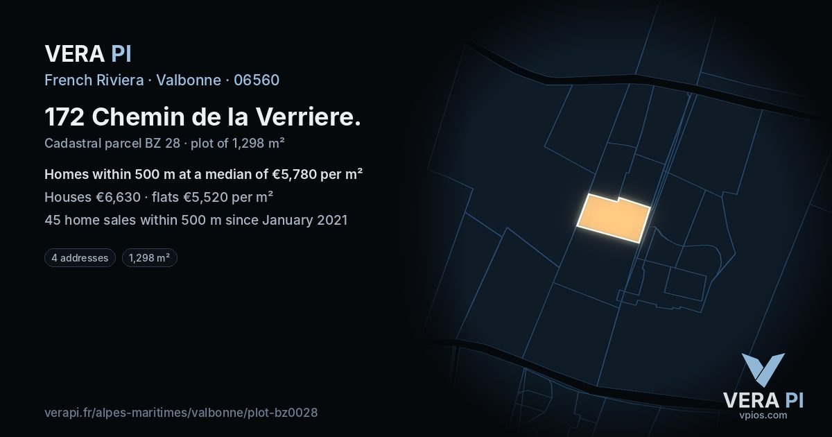 172 Chemin de la Verriere, Valbonne at night – the plot lit, the parcels around coloured by the prices near them