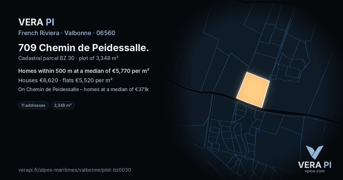 709 Chemin de Peidessalle, Valbonne at night – the plot lit, the parcels around coloured by the prices near them