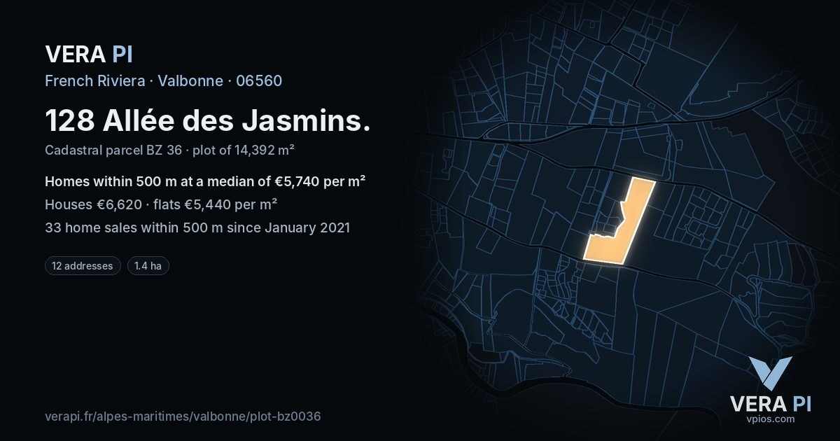 128 Allée des Jasmins, Valbonne at night – the plot lit, the parcels around coloured by the prices near them