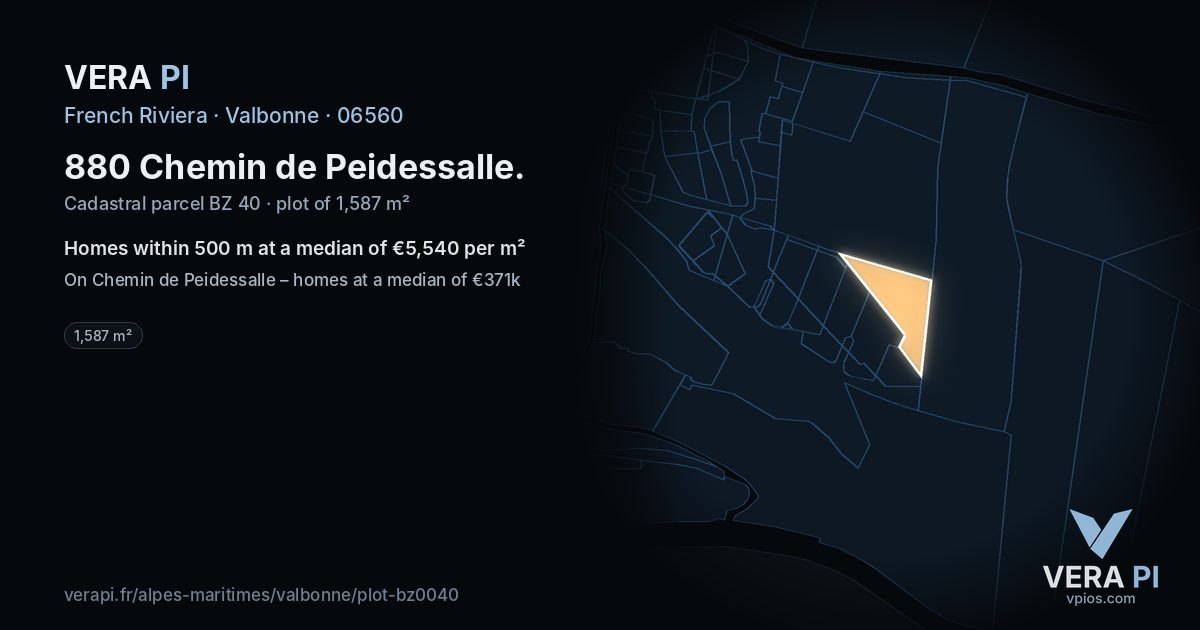 880 Chemin de Peidessalle, Valbonne at night – the plot lit, the parcels around coloured by the prices near them