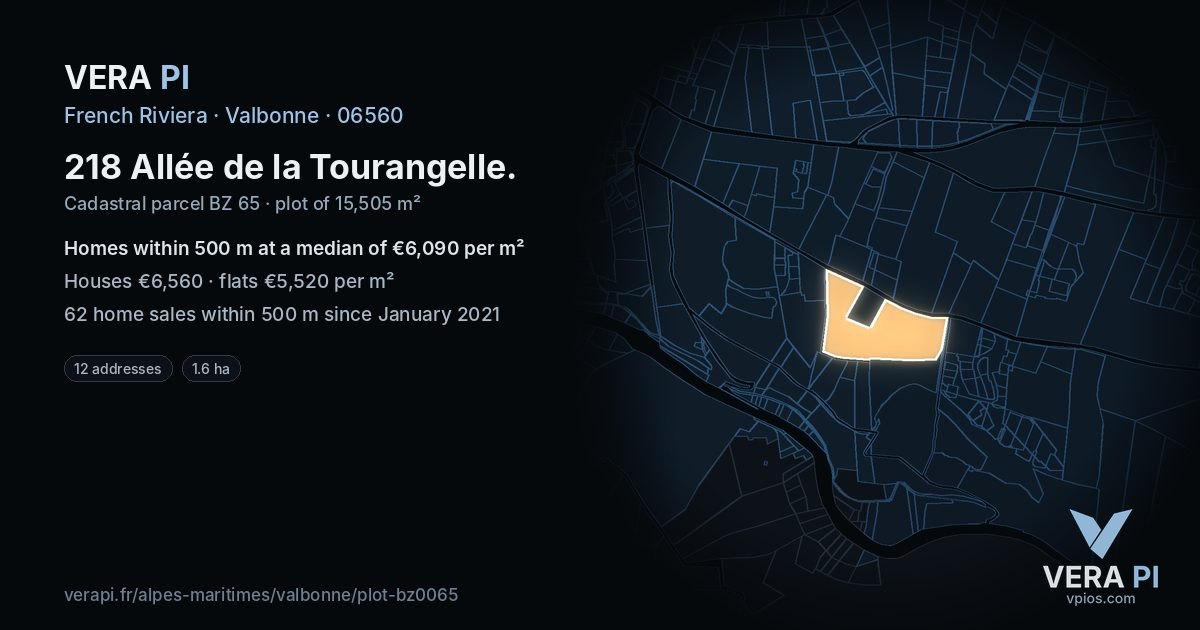 218 Allée de la Tourangelle, Valbonne at night – the plot lit, the parcels around coloured by the prices near them