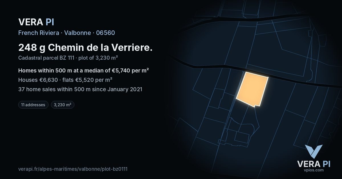 248 g Chemin de la Verriere, Valbonne at night – the plot lit, the parcels around coloured by the prices near them