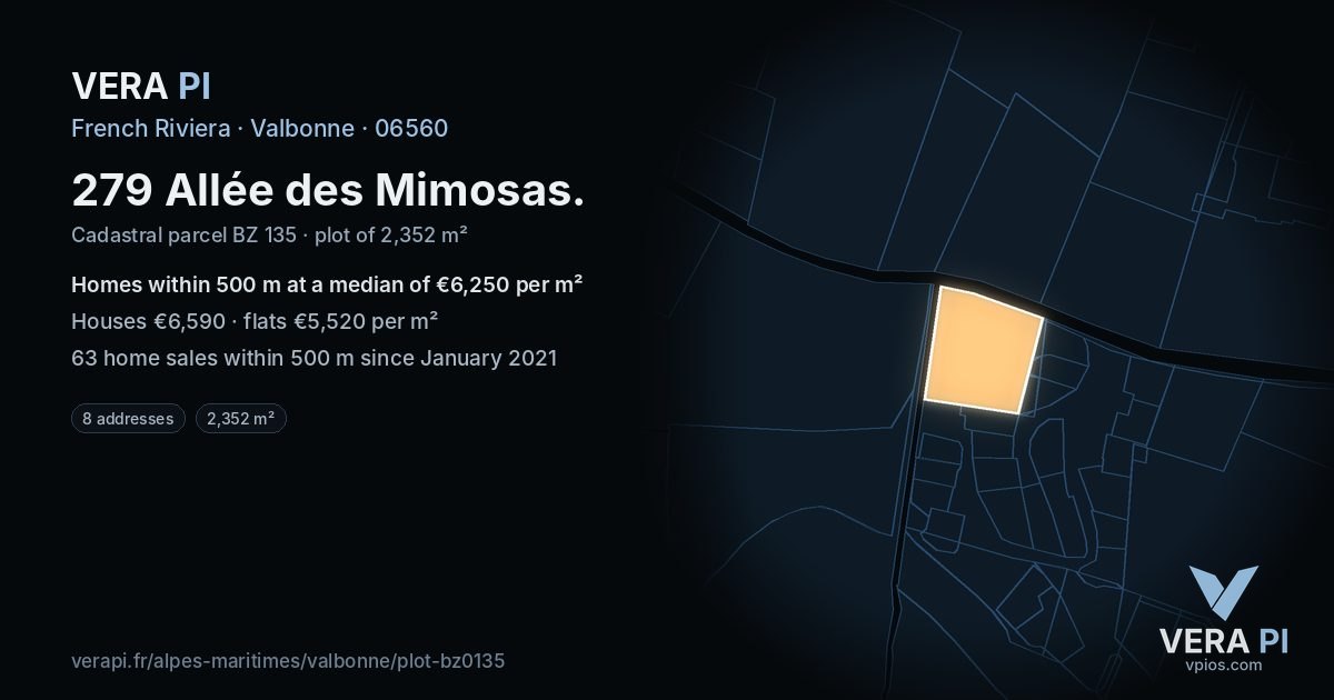 279 Allée des Mimosas, Valbonne at night – the plot lit, the parcels around coloured by the prices near them