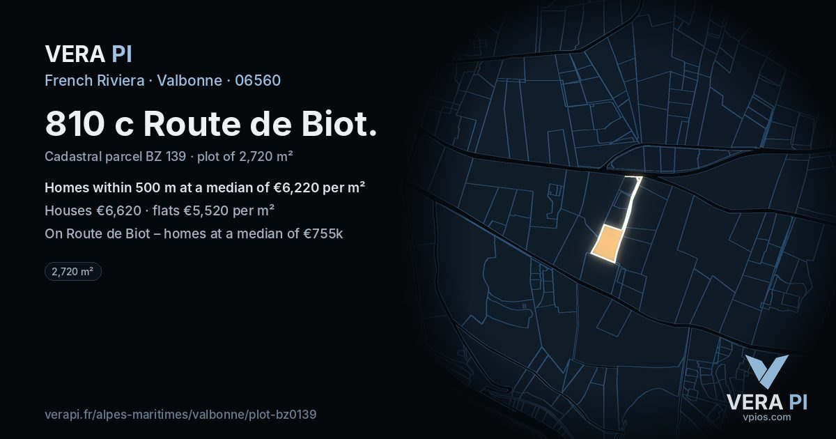 810 c Route de Biot, Valbonne at night – the plot lit, the parcels around coloured by the prices near them
