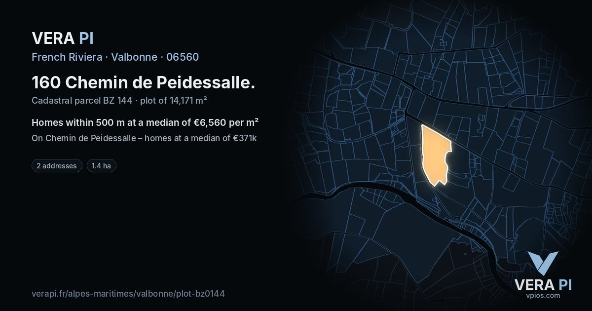 160 Chemin de Peidessalle, Valbonne at night – the plot lit, the parcels around coloured by the prices near them